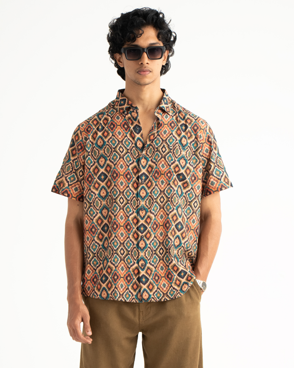 multi tone print half sleeve cotton breathable shirt